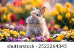 Fluffy bunny looking up from a colorful flower bed with vibrant background 