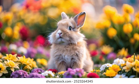 Fluffy bunny looking up from a colorful flower bed with vibrant background  - Powered by Shutterstock