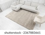 Fluffy carpet and stylish furniture on floor indoors, above view