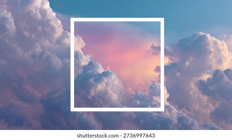 Fluffy clouds framed by a white square. Sunset hues bleed through