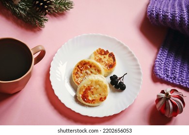 Fluffy Cottage Cheese Pancakes On A Plate And Coffee Cup. Winter Breakfast Still Life Food Photography