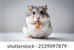 A fluffy gray and white hamster standing on its hind legs, holding a small piece of food in its tiny paws