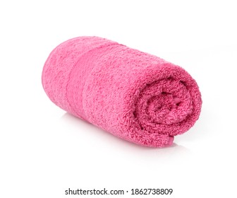 Fluffy Pink Rolled Towel On White Background