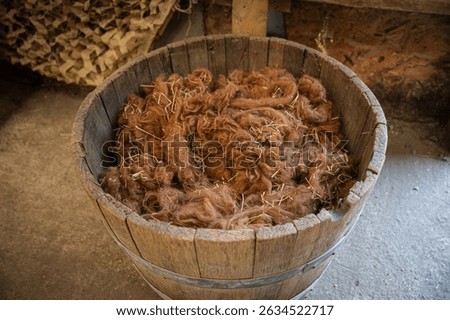 Fluffy, unprocessed wool fills a rustic barrel on a farm, showcasing a traditional element of sheep farming and rural life.