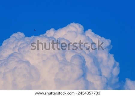 Fluffy white clouds on a clear blue sky. Amazing phenomena of natural phenomena, weather.