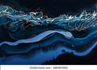 Fluid Art. Liquid Metallic Gold in abstract blue wave. Marble effect background or texture. - Shutterstock ID 1883691826