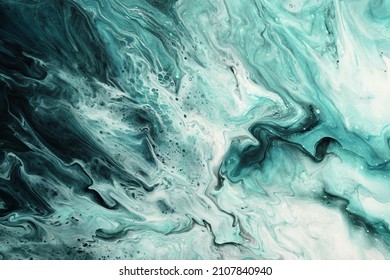 Fluid Art. Liquid Transparent White And Velvet Jade Green Abstract Paint Drips And Wave. Marble Effect Background Or Texture