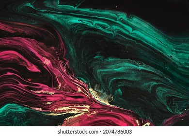 Fluid Art. Metallic Gold In Abstract Green And Purple Wave. Marble Effect Background Or Texture