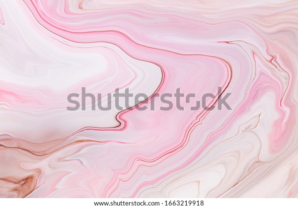 Fluid\
art texture. Abstract backdrop with swirling paint effect. Liquid\
acrylic artwork that flows and splashes. Mixed paints for interior\
poster. Pink, brown and white overflowing\
colors