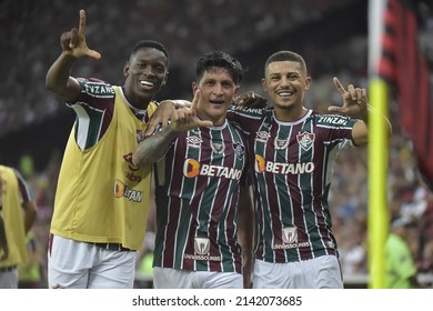 Fluminense's German Cano celebrates his team's 3-1 victory on aggregate over Flamengo at the end of the Rio de Janeiro state championship final soccer match at Maracana stadium in Rio de Janeiro, Braz