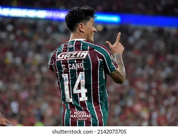 Fluminense's German Cano celebrates his team's 3-1 victory on aggregate over Flamengo at the end of the Rio de Janeiro state championship final soccer match at Maracana stadium in Rio de Janeiro, Braz