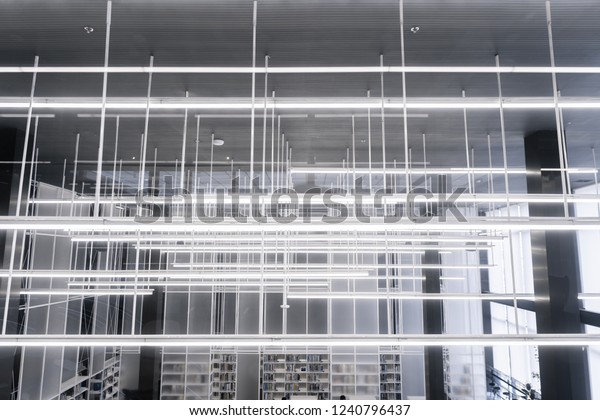 Fluorescent Ceiling Lamp Modern Design Coworking Stock Photo