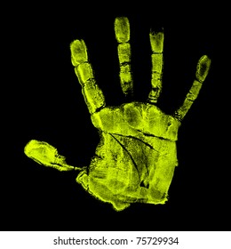 Fluorescent Green Hand Print On Black Under UV Light