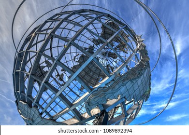 Flushing, New York - Apr 21, 2018: The iconic Unisphere in Flushing Meadows Corona Park in Queens, NYC. The 12 story structure was commissioned for the 1964 NYC World's Fair.