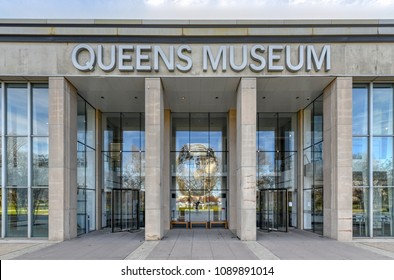 Flushing, New York - April 21, 2018: Front Entrance Of The Queens Art Museum In Fushing Meadows Corona Park, Queens, New York.