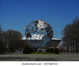 FLUSHING, NEW YORK - APRIL 8, 2021: 1964 New York World's Fair Unisphere in Flushing Meadows Park. It is the world's largest global structure, rising 140 feet and weighing 700 000 pounds