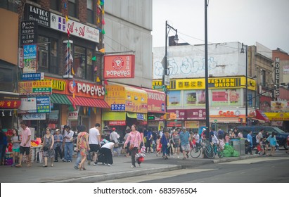 Flushing, New York - July 23, 2017: A View Down A Busy Main Street