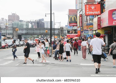 Flushing, New York - July 23, 2017: A View Down A Busy Main Street