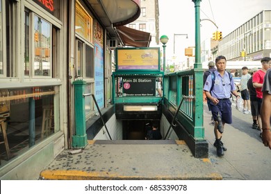 Flushing, New York - July 23, 2017: A View Down A Busy Main Street