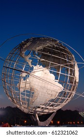 Flushing, NY USA August 1 A Stainless Steel Globe In Flushing Meadows Corona Park In Queens, New York, Is One Of The Few Remaining Attractions From The 1964 New York Worlds Fair