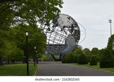 Flushing, Queens, New York, USA - May 14, 2022 - The Unisphere in the Flushing Meadows Corona Park. The unisphere is a stainless steel structure shaped into a 3D image of the globe or earth.