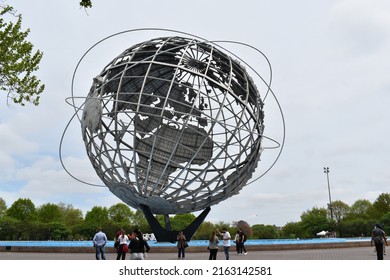 Flushing, Queens, New York, USA - May 14, 2022 - The Unisphere in the Flushing Meadows Corona Park. The unisphere is a stainless steel structure shaped into a 3D image of the globe or earth.