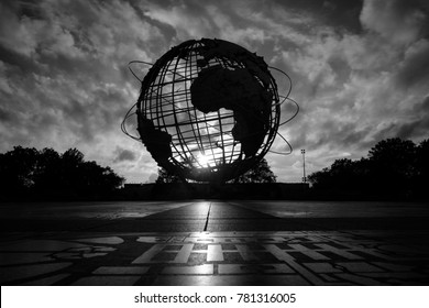 Flushing, Queens, USA - October 28, 2017 - Dramatic view of Unisphere globe in Flushing Meadows Corona Park in Queens, NY