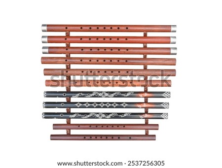 Flute pipe Solid wood flute, round tube, polished surface, placed on a stand isolated on white background. This has clipping path.