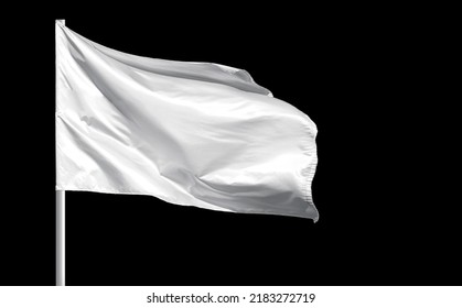 Fluttering blank white flag flagpole isolated black background