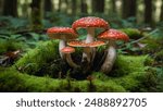 fly agaric on moss-covered forest floor