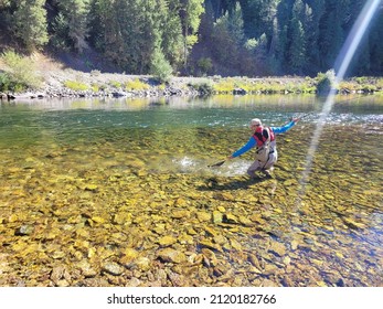 Fly Fisherman Catching And Netting an Idaho Trout in Beautiful Clear Mountain River