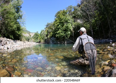 Fly fisherman fishing trouts in freshwater river