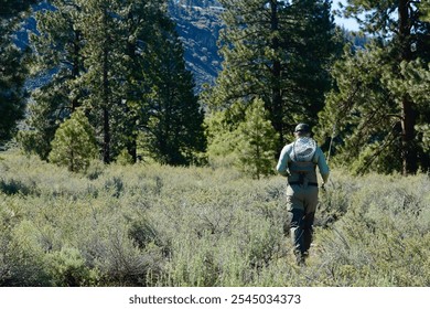 Fly fisherman walking on the riverside through the brush of the forest - Powered by Shutterstock