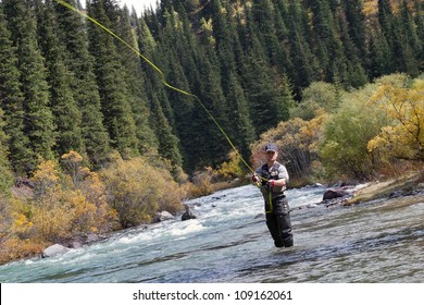 fly fishing angler makes cast while standing in water