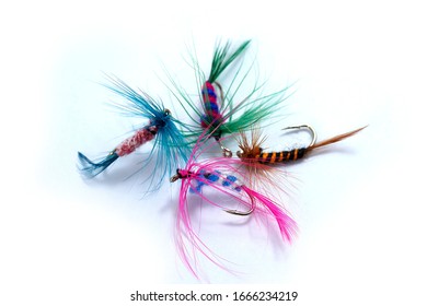 Fly Fishing Lures On A White Background