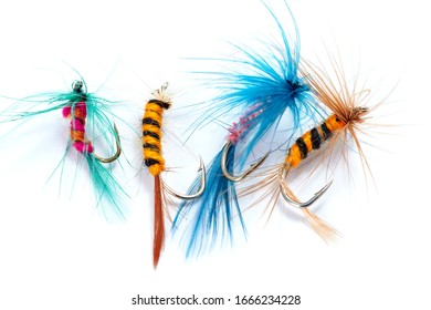 Fly Fishing Lures On A White Background