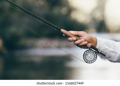 Fly Fishing Rod In Fisherman Hand.