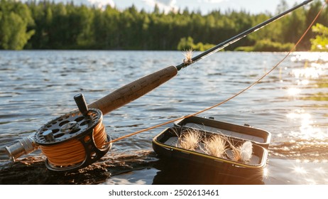 A fly fishing rod and an open fly fishing box lie on the rocks of a mountain river. - Powered by Shutterstock