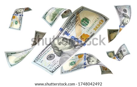 Fly hundred dollar banknote close-up isolated on white