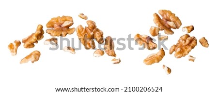  
fly Walnuts peeled kernels . Walnut dried snack nut side view. Healthy food With clipping path. On white background