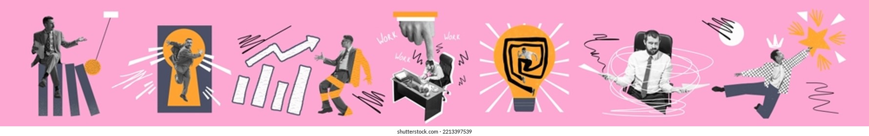 Flyer, banner. Contemporary art collage made of shots of young men, managers and office clerks working hardly isolated over pink background. Concept of art, finance, career, co-workers, team. Flyer - Shutterstock ID 2213397539