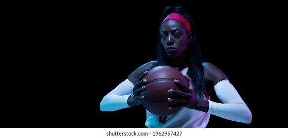 Flyer. Beautiful African-american Female Basketball Player In Motion And Action In Neon Light On Black Background. Concept Of Healthy Lifestyle, Professional Sport, Hobby. Woman In Sport.