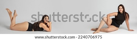 Flyer with beautiful woman in underwear posing over grey studio background. Body positive matter concept. Beauty, health, skincare, epilation. Copy space for ad