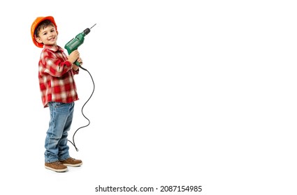 Flyer With Funny Little Boy, Kid In Image Of Builder, Architect In Orange Protective Helmet Using Drill Isolated On White Background. Concept Of Childhood, Study, Jobs, Games, Career, Imitation, Ad