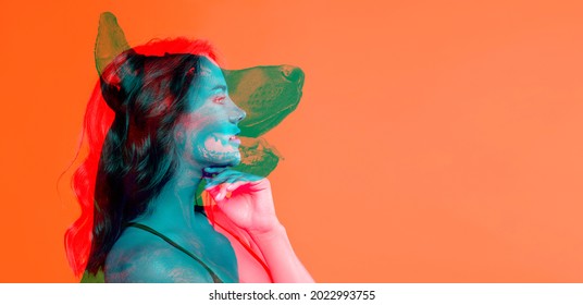 Flyer With Image Of Young Adorable Woman And Silhouette Of Dog Isolated Over Red Background With Glitch Effect, Split Personality. Concept Of Beauty, Fashion, Imagination, Aspiration, Mental Health