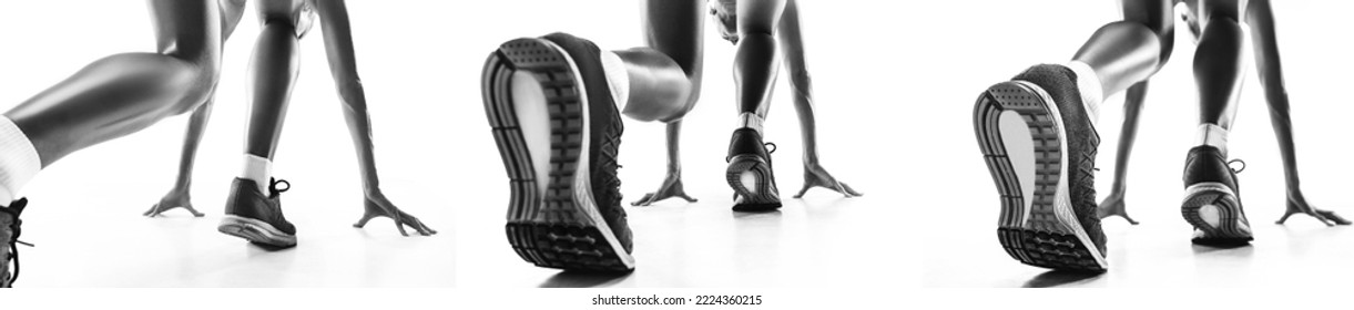 Flyer with runners feet close up. Back view. Black and white shot of athlete, runner, jogger at start line isolated on white background. Monochrome. Sport, beauty, power and style. - Powered by Shutterstock