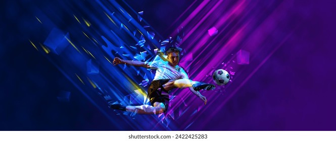 Flyer. Skilled football player kicks ball in motion against gradient background with polygonal and fluid elements. Concept of professional sport, competition, championship tournaments, energy, power. - Powered by Shutterstock