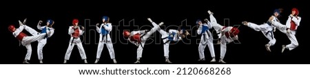 Flyer with two sportive girls, professional taekwondo athletes wearing doboks and helmets practicing isolated on black background. Concept of contact sport, Collage