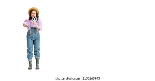 Flyer With Young Beautiful Girl, Female Gardener In Work Uniform And Hat Shouting At Megaphone Isolated On White Background. Concept Of Job, Emotions, Agronomy. Funny Meme Emotions.