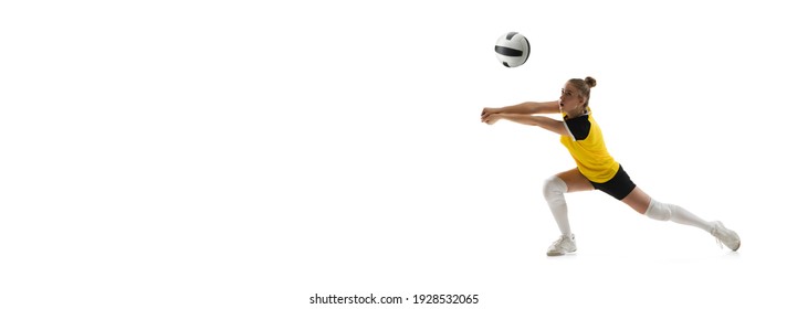 Flyer. Young female volleyball player isolated on white studio background. Woman in sportswear training and practicing in action, flight. Concept of sport, healthy lifestyle, motion and movement. - Powered by Shutterstock